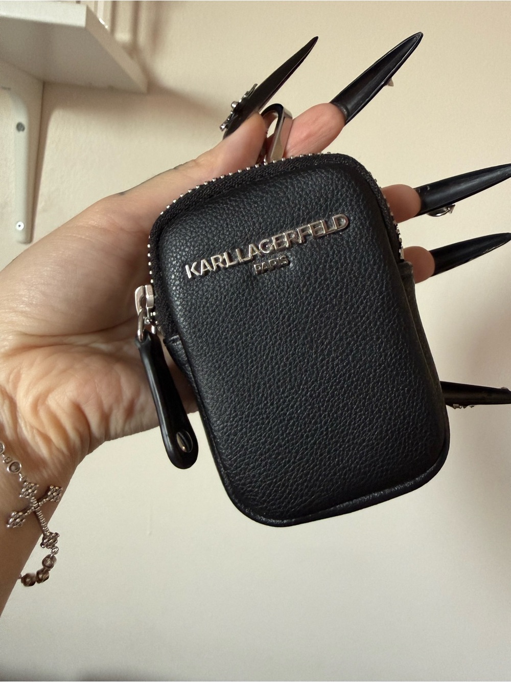 Karl Lagerfeld Black Pebbled Leather Mini Zip Pouch with Silver Logo